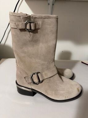Vince Camuto Taupe Suede Mid-Calf Buckle Boots